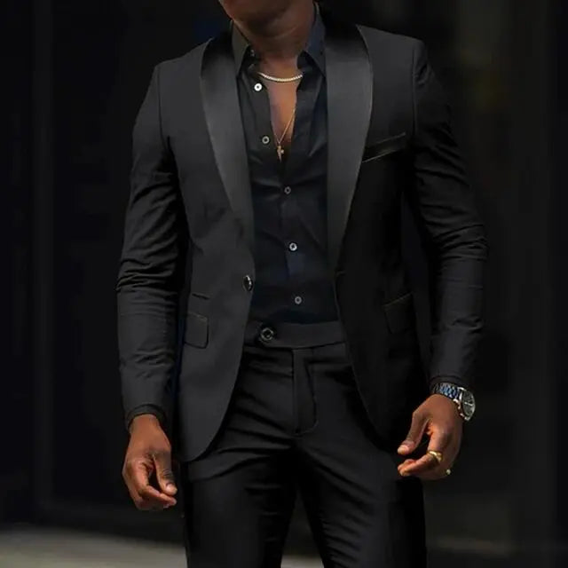 Lässige 2-teilige Herren-Hochzeitsanzüge, solide Slim-Fit, Schalkragen, Blazer, Hose, Designs, Party, Abschlussball, Anzüge, Trauzeuge, Business-Kleidung