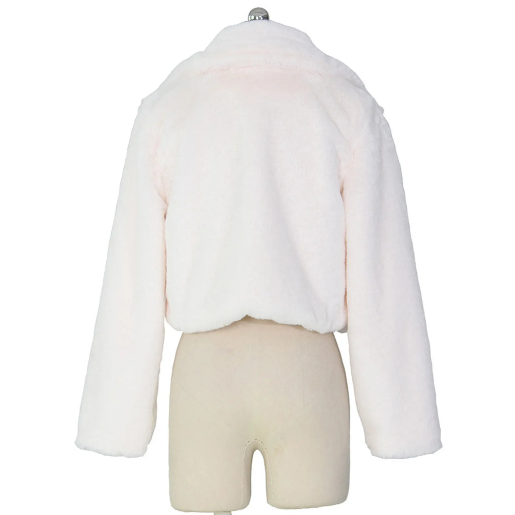 Mode Faux Pelz Offenen Stich Revers Crop Jacken Frauen Kleidung Herbst Winter Solide Langarm Warme Pelzigen Flauschigen Mantel Outwear