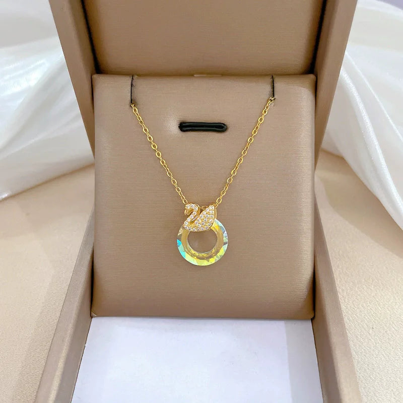 EILIECK 316L Edelstahl Glanz Zirkonia Schwan Anhänger Halskette Gold Farbe Textur Metall Personalisierte Schmuck Halskette