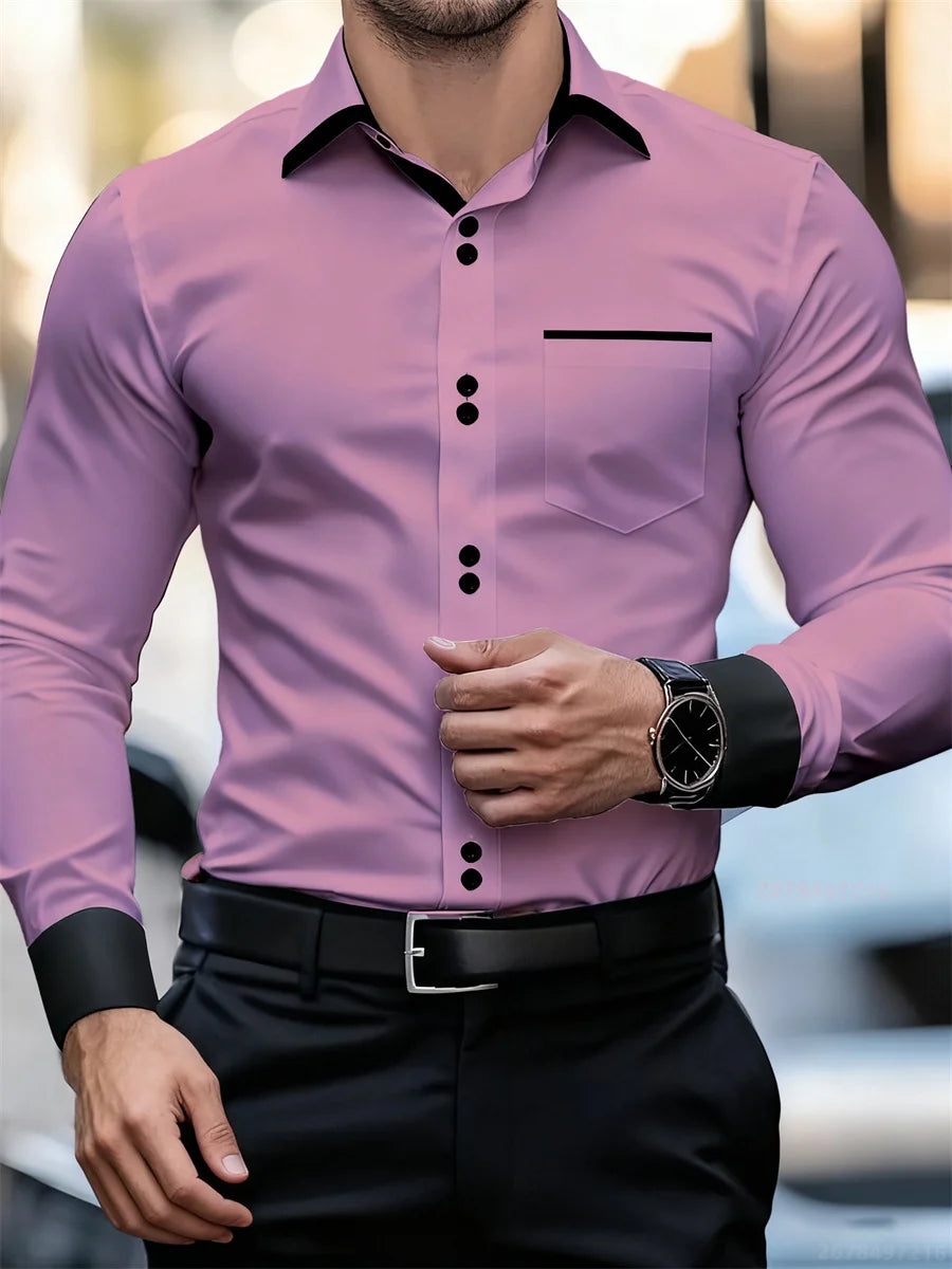 Herren-Business-Langarmhemd mit Farbblockkragen, schmale Passform, knitterfrei, schwarz-weißes Patchwork-Hemd, modisches Herrenoberteil