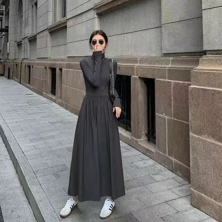 Neue Französisch Stil Temperament frauen High-Grade Schwarz Kleid Hepburn Stil Grau Rollkragen Kleid für Frauen Herbst Winter DF4964