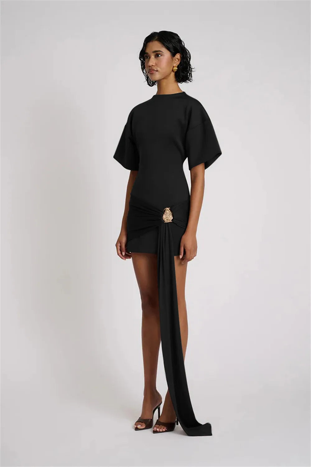 Apprabant Women Buckle Ruched Ribbon Mini Dress O-Neck Metal Short Sleeve Solid Color Silm Bodycon Short Dress Casual Partywear