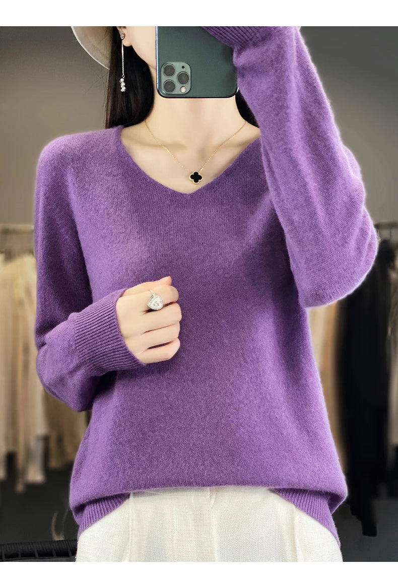 Frauen 100% Merinowolle Pullover V-Ausschnitt Basic Pullover Herbst Winter Kaschmir Kleidung Langarm weiche Strickwaren Tops einfarbig
