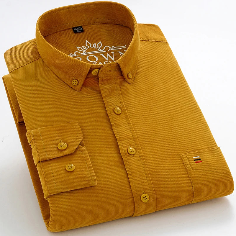Neue Herrenhemden aus reiner Baumwoll-Cord, modisch, Business-Casual, bequem, extra Größe, einfarbig, langärmelig, Herrenbekleidung