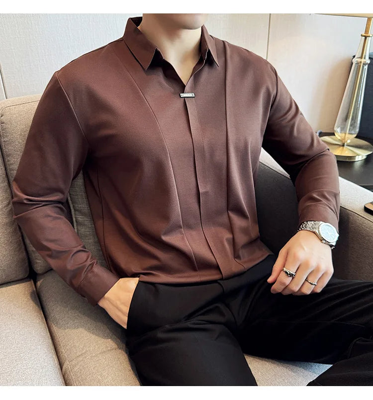 Men Long Sleeved Polo Shirt 2024 Autumn British Style Solid Casual Elastic Slim Fit T-shirt Formal Dress Polo Shirt Men Clothing
