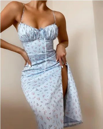 Elegantes Damen-Blumenkleid für Strandurlaub und Streetwear, Sexy Tief Ausgeschnittenes Strandparty-Kleid mit Schlitz, Schickes Bodycon-Kleid Ärmellos für Damen