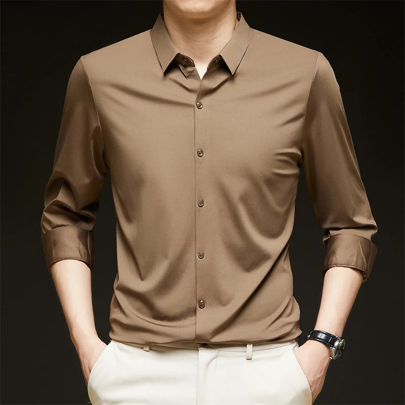 Neues, langärmliges, einfarbiges Business-Casual-Hemd für Herren, knitterfrei, knitterfrei, bequem, vielseitiges Oberteil für die ganze Saison