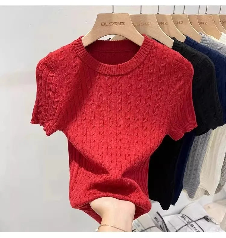 Zjaiss 2026 Sommer Koreanisches Retro Elegantes Textur-Kurzarm-Oberteil mit O-Ausschnitt und Zopfmuster für Damen – Weiches, lässiges, vielseitiges, dünnes T-Shirt