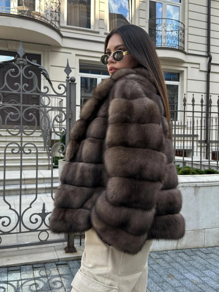 Brauner mittellanger Pelzmantel für Damen, Revers, versteckter Knopf, lockere, elegante Oberbekleidung, 2025, modischer Bürodame, Pendelmantel, Neu