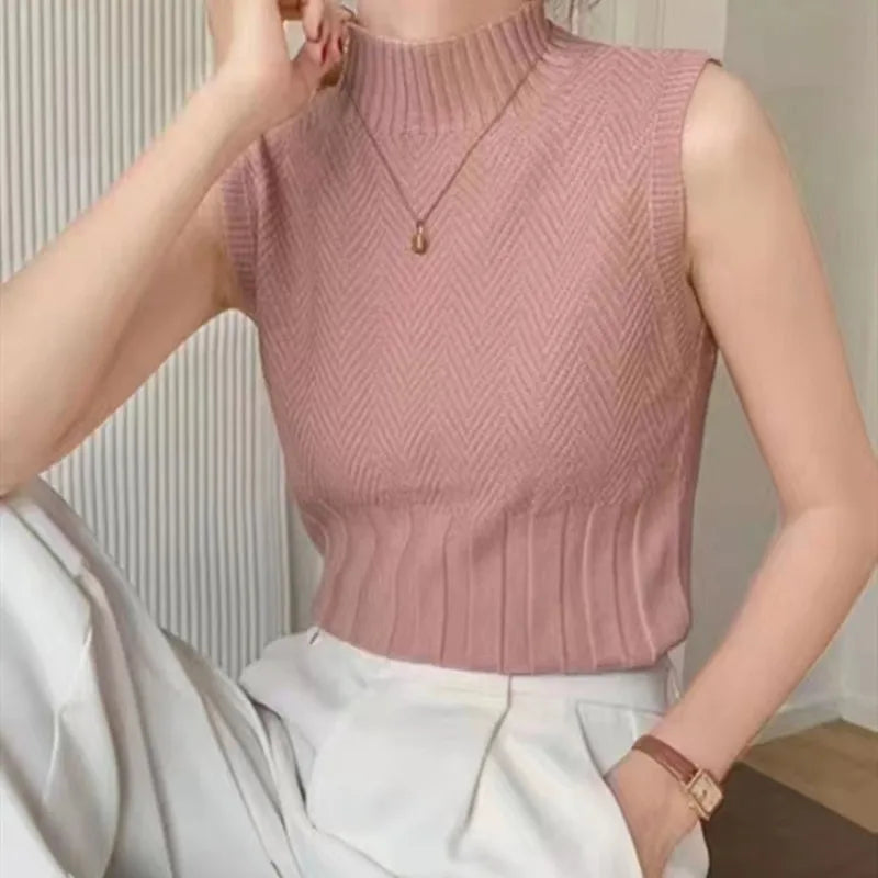 HELIAR Frauen Sommer Beiläufige Gestrickte Tank Tops Solide Ärmellose Halb Hohe Kragen Schlank Basis Shirt Sexy Top Strickwaren Y2k High Street