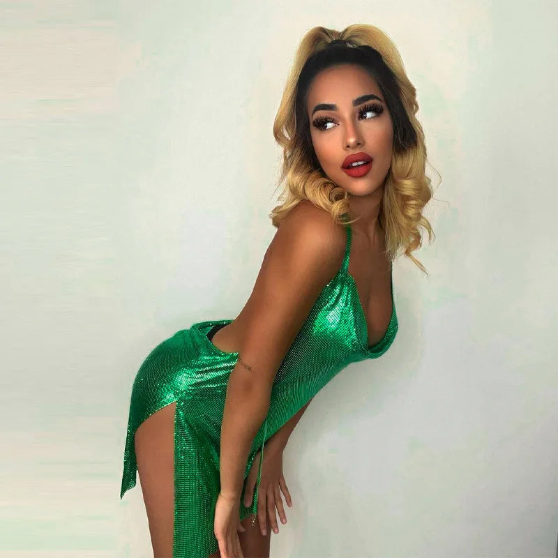 Sexy und modisches Damen-Kleid, elegant, kurz, mit hängendem Hals, rückenfrei, unten auf der Brust, Pailletten, Party-Mädchen-Tanzkleid