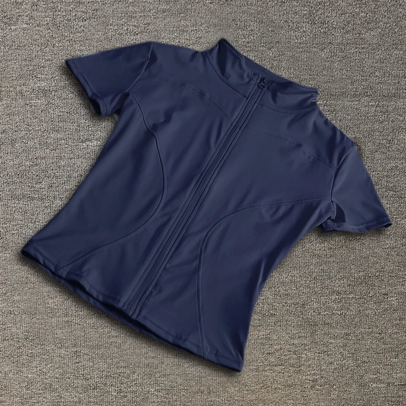 Damen-Sportbekleidung, schmale Passform, Polyester, schnell trocknend, durchgehender Reißverschluss, Outdoor-Fitness, Laufhose, kurze Ärmel, Damen-Yoga-Bekleidung