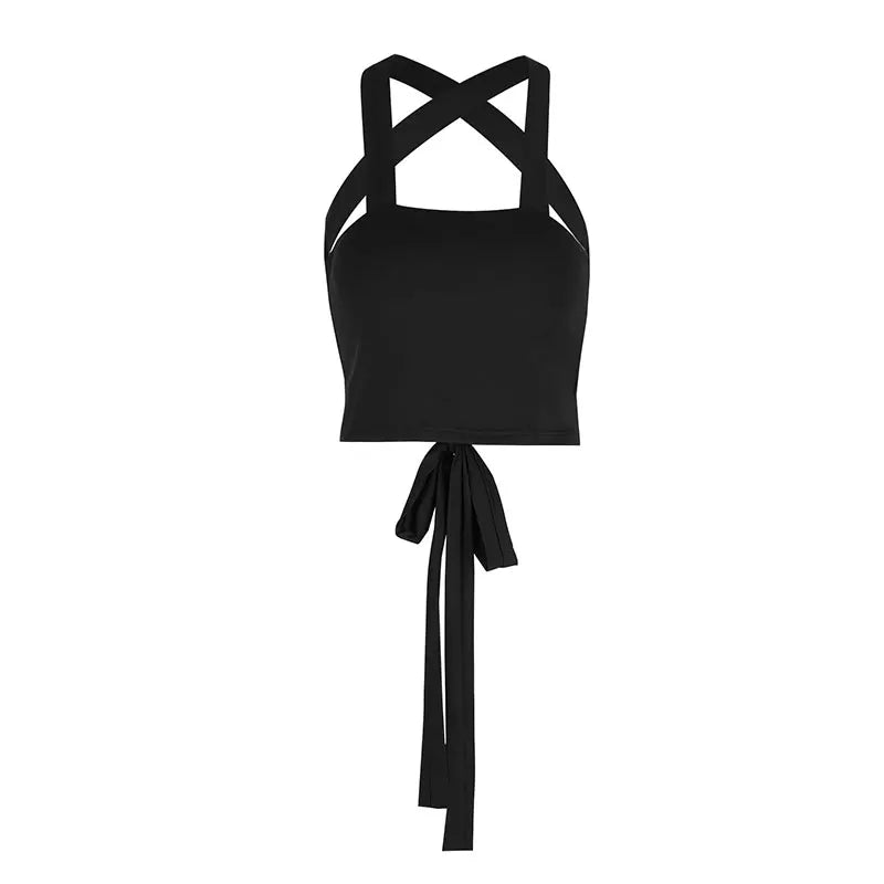 Sommer Damen Neues Schwarzes Sexy Westen-Top Modische Streetwear Bandage Tanktop Sexy Vielseitiges Ausgeschnittenes Top Ärmellose Kleidung