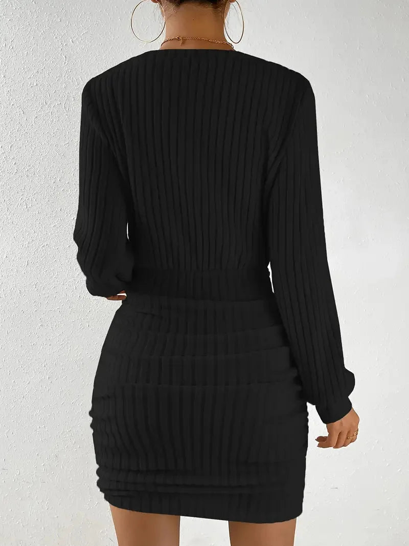 Frauen Herbst Winter Gestrickte Pullover Mini Kleid Weibliche Casual Solide Wrap V-ausschnitt Langarm Warme Bodycon Kurze Kleider Robe