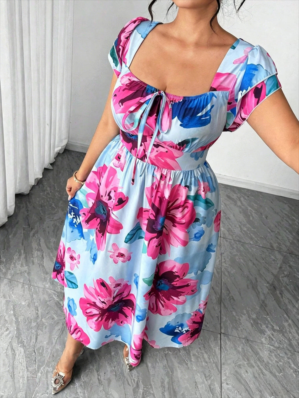 Elegantes, blau bedrucktes A-Linien-Kleid für Damen in Übergröße, schmal geschnittenes, lässiges Minikleid für den Alltag und Verabredungen