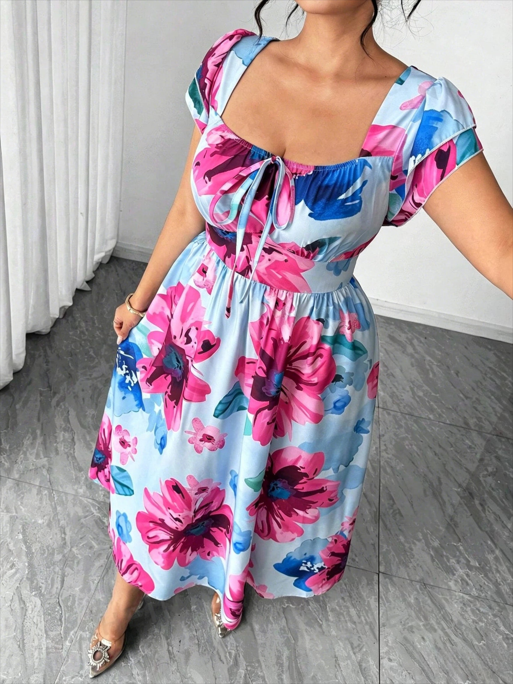 Elegantes, blau bedrucktes A-Linien-Kleid für Damen in Übergröße, schmal geschnittenes, lässiges Minikleid für den Alltag und Verabredungen