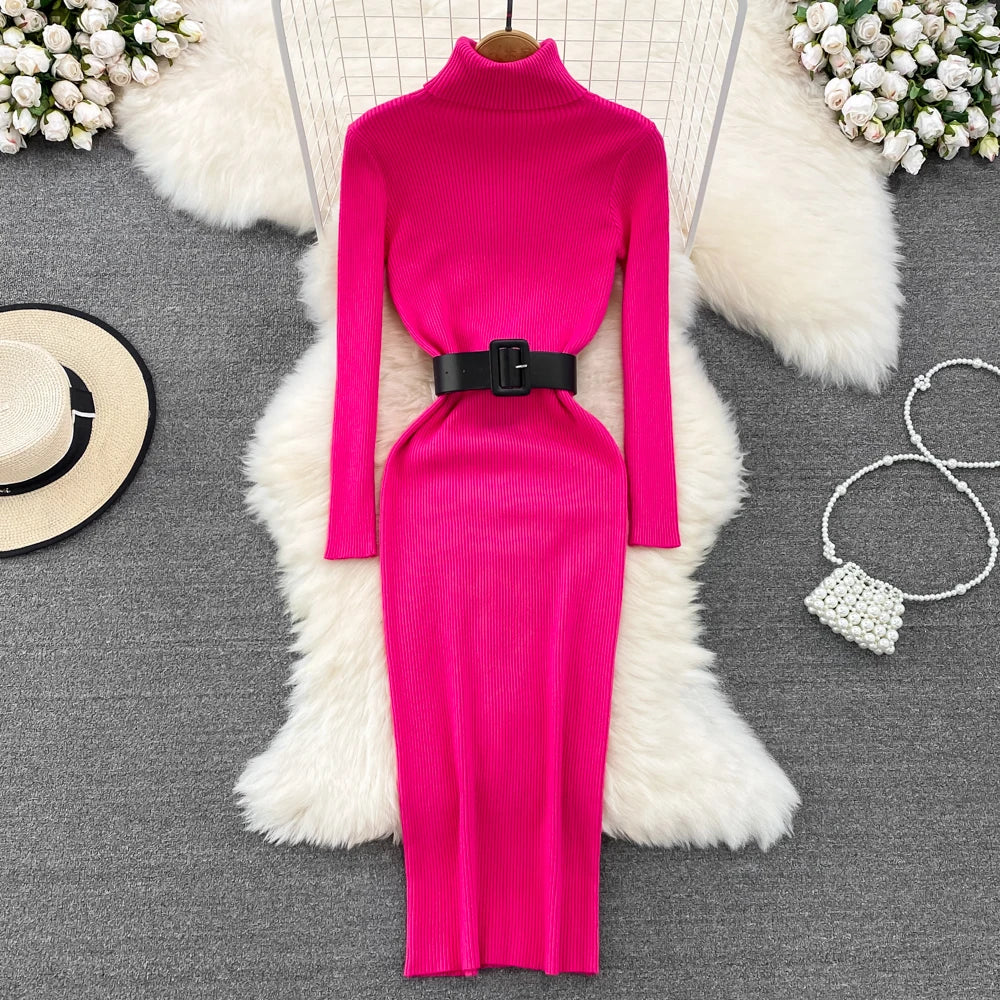 REALEFT Herbst Winter 2025, neue Rollkragen frauen Gestrickte Kleider mit Gürtel Langarm Elegante Bodycon Wrap Kleid Weibliche