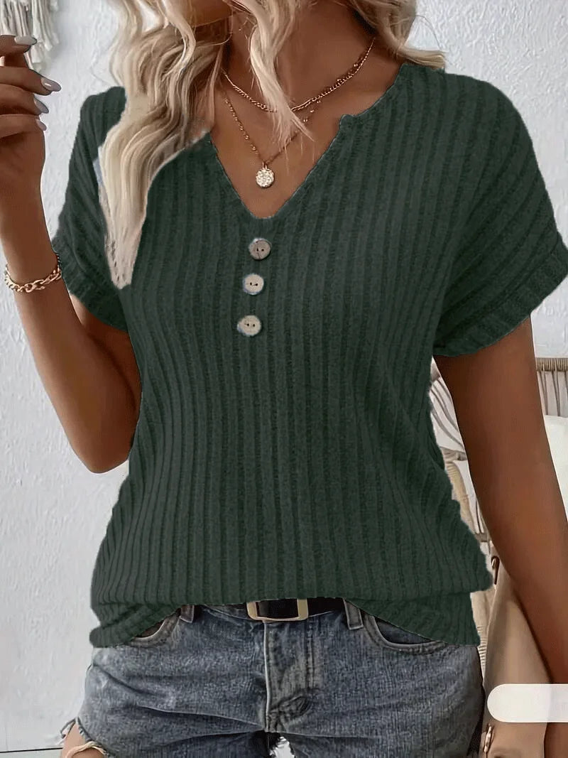 Frühling/Sommer neues einfarbiges geripptes Oberteil mit V-Ausschnitt und Knopfverzierung, elegantes T-Shirt für Damen S-2XL