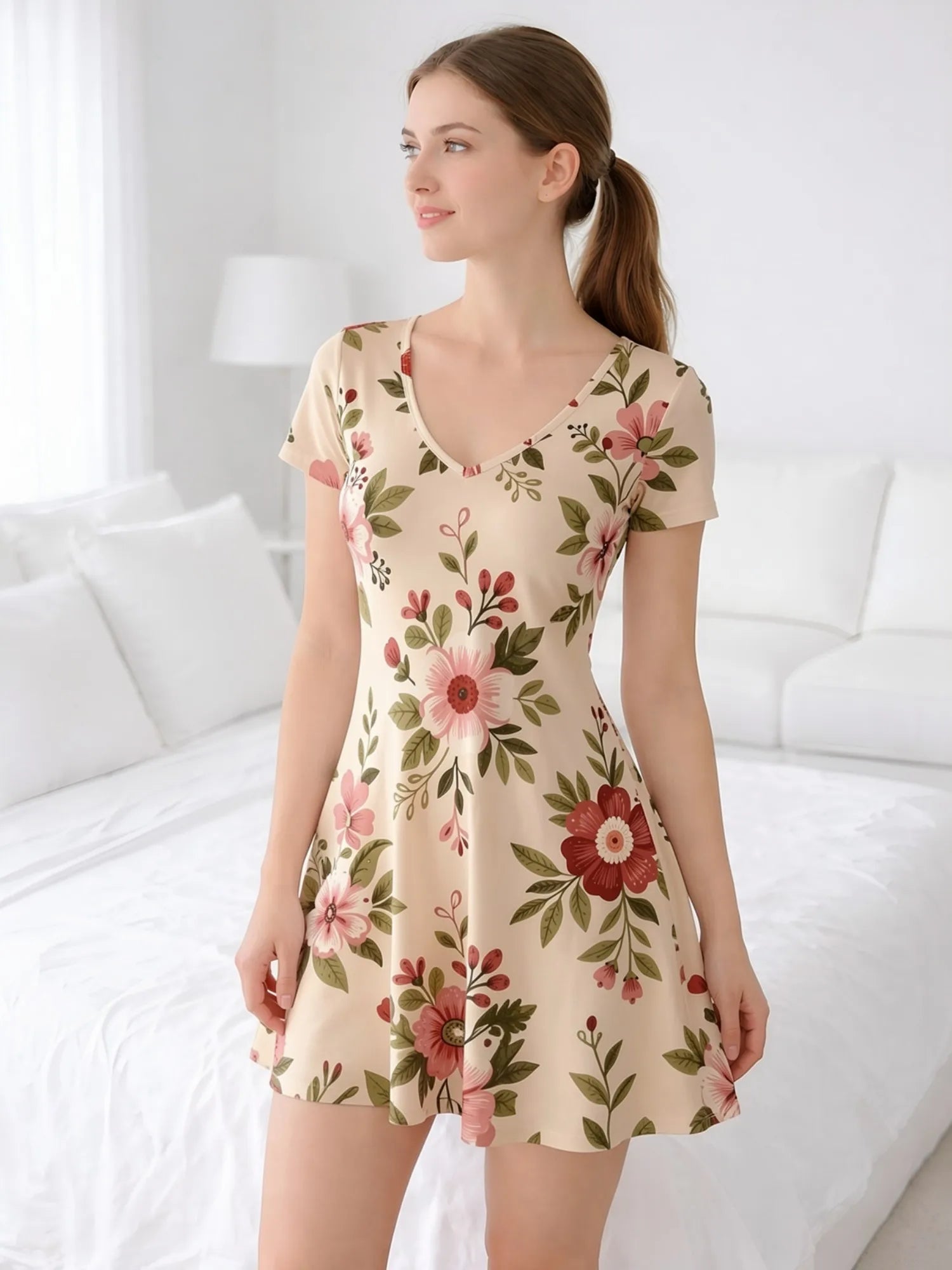 Damen-Kleid mit V-Ausschnitt, kurzen Ärmeln und Blumenmuster, A-Linie, lässig, für Terrasse, Brunch, Sommer, Sommerkleid, Outfit, schön, für den Alltag, feminin, anmutig, einfach