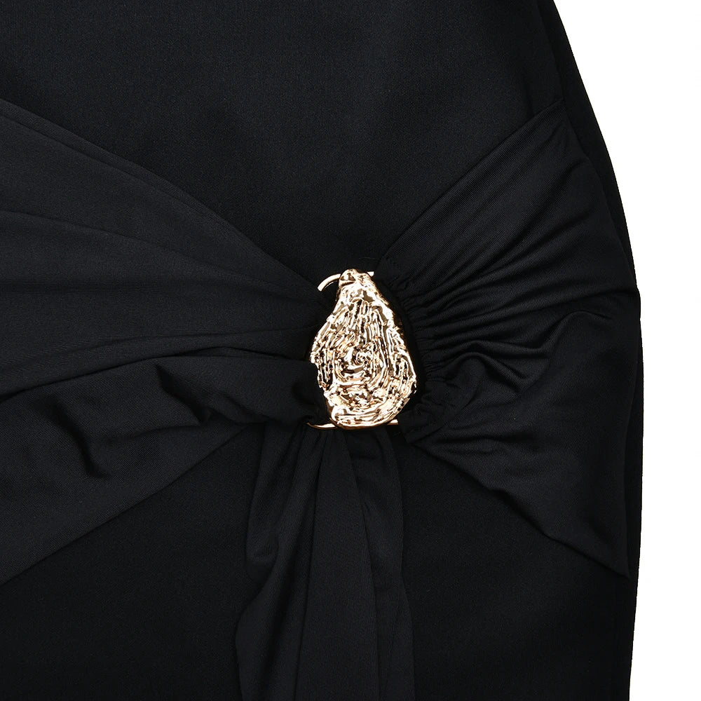 Apprabant Women Buckle Ruched Ribbon Mini Dress O-Neck Metal Short Sleeve Solid Color Silm Bodycon Short Dress Casual Partywear