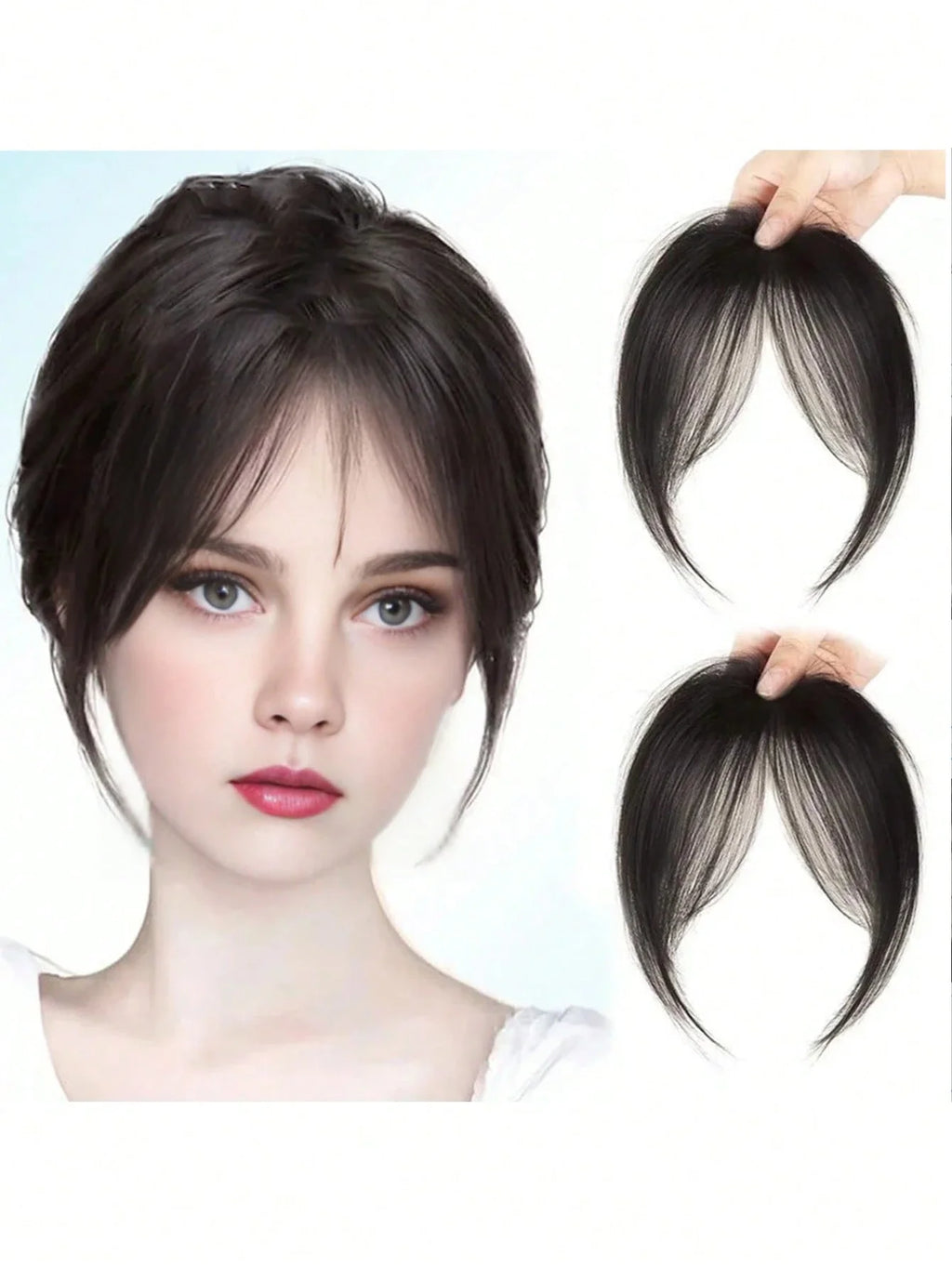 Syntheseperücke, mittlerer Teil, Pony, Haarverlängerungen, Clip-in-Stirn, natürlich, nahtlos, französischer schräger Pony, Pony mit acht Zeichen