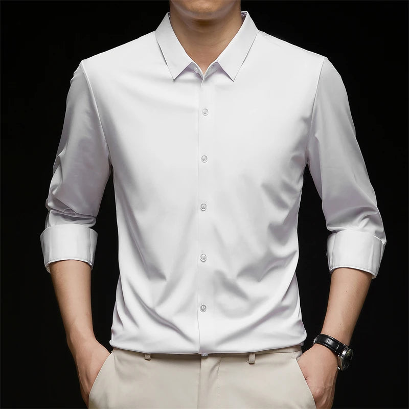 Neues, langärmliges, einfarbiges Business-Casual-Hemd für Herren, knitterfrei, knitterfrei, bequem, vielseitiges Oberteil für die ganze Saison
