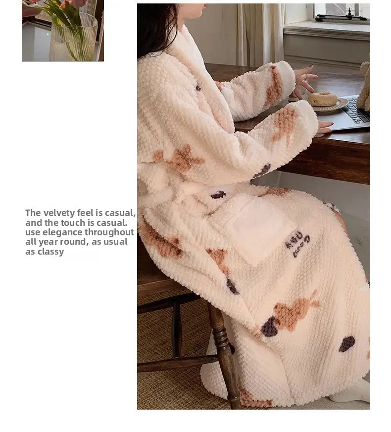 Verdickte Korallen Fleece Robe frauen V-ausschnitt Gürtel Langarm Mid-länge Süße Stil Warme Hause Kleidung Winter Saison