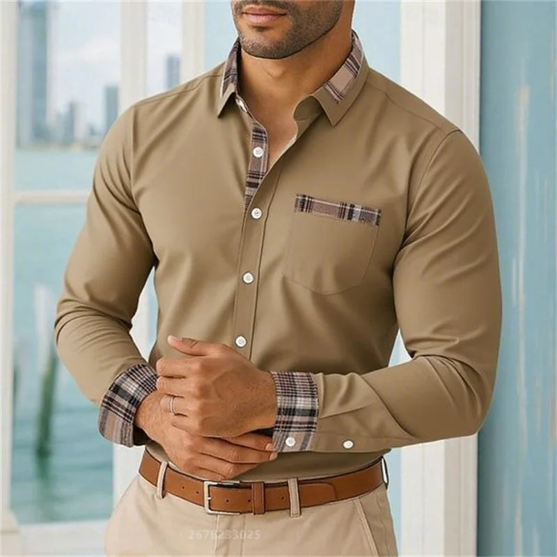 2025 men's lapel long-sleeved button-down casual shirt soft and comfortable daily vacation outdoor office high-quality tops