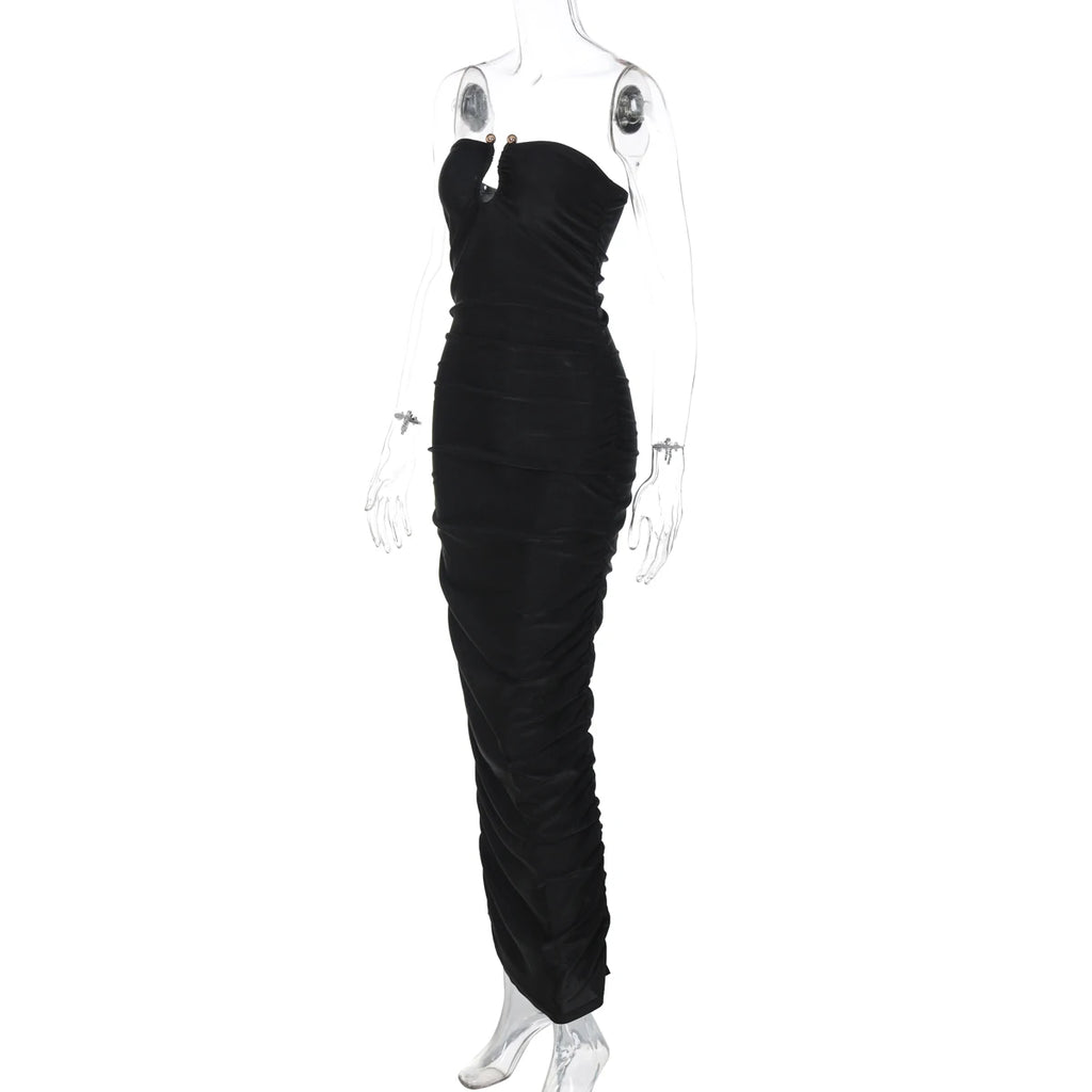 Dulzura ärmelloses, trägerloses, plissiertes Maxikleid mit Knopf, sexy, elegantes langes Kleid für Damen, Party, Club, Büro, Frühling und Sommer
