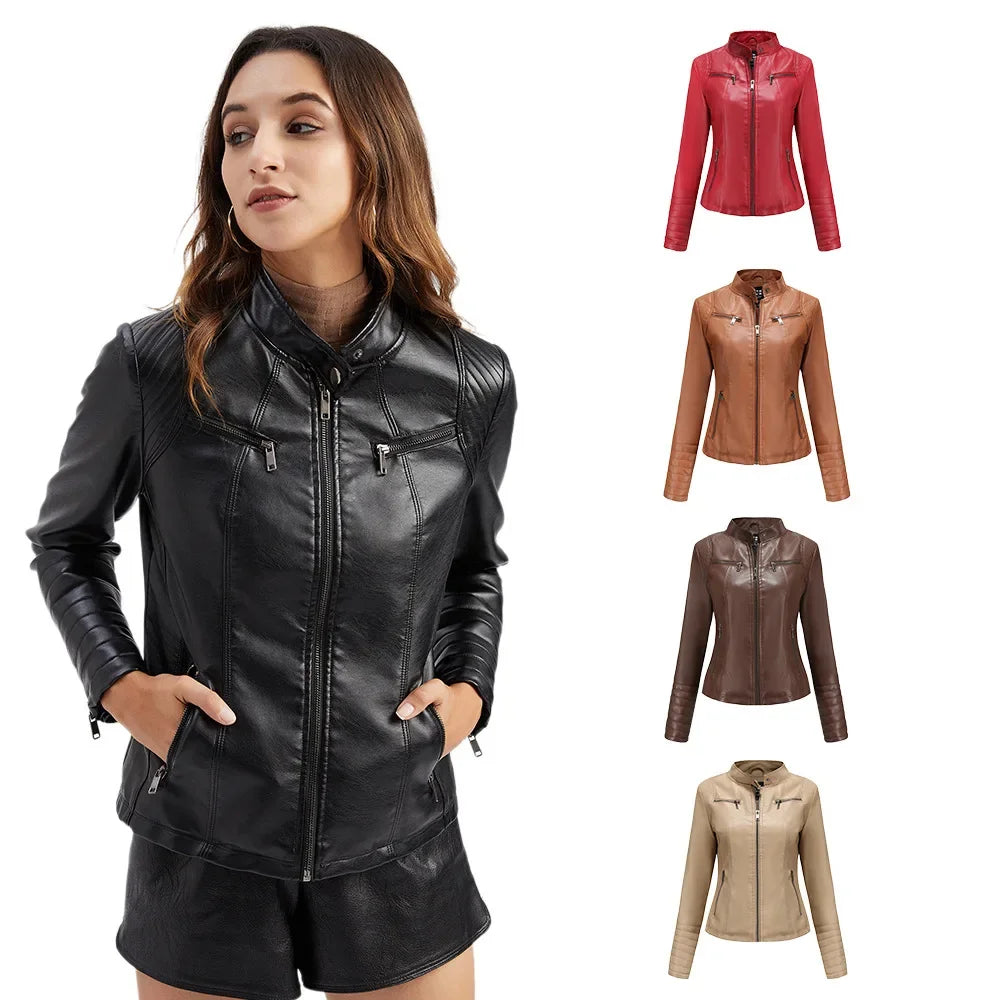 Neue 20-Damen-Lederjacke, dünn, Motorrad-Stil, kurze modische Damenjacke, Stehkragen, volle Ärmel, aus dem Festland China