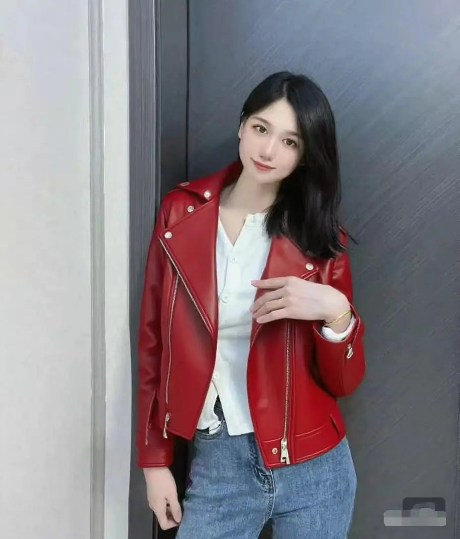 Fashionable Red PU Leather Jacket Women's Short Coat Stand Collar Spring Autumn Thin Style Artistic Retro Fit Sleeve Long