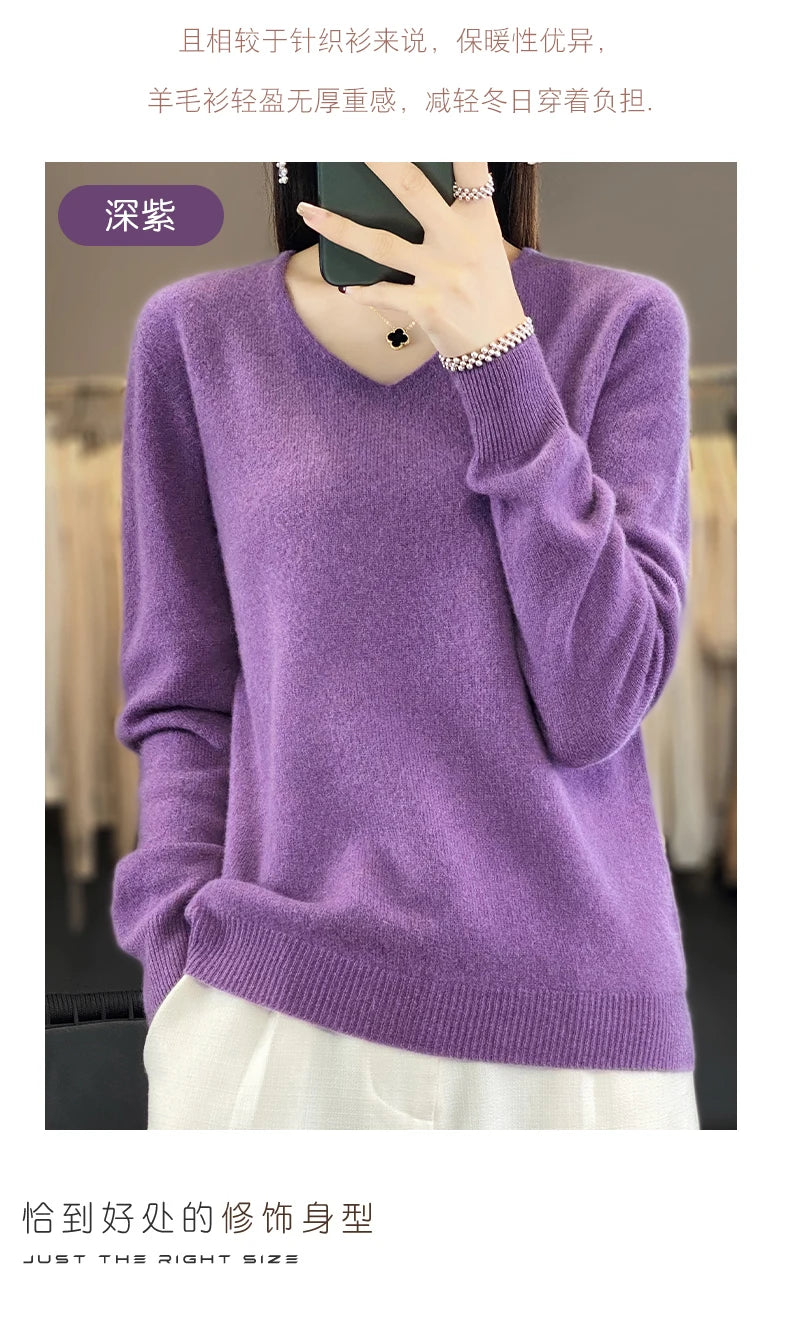 Frauen 100% Merinowolle Pullover V-Ausschnitt Basic Pullover Herbst Winter Kaschmir Kleidung Langarm weiche Strickwaren Tops einfarbig
