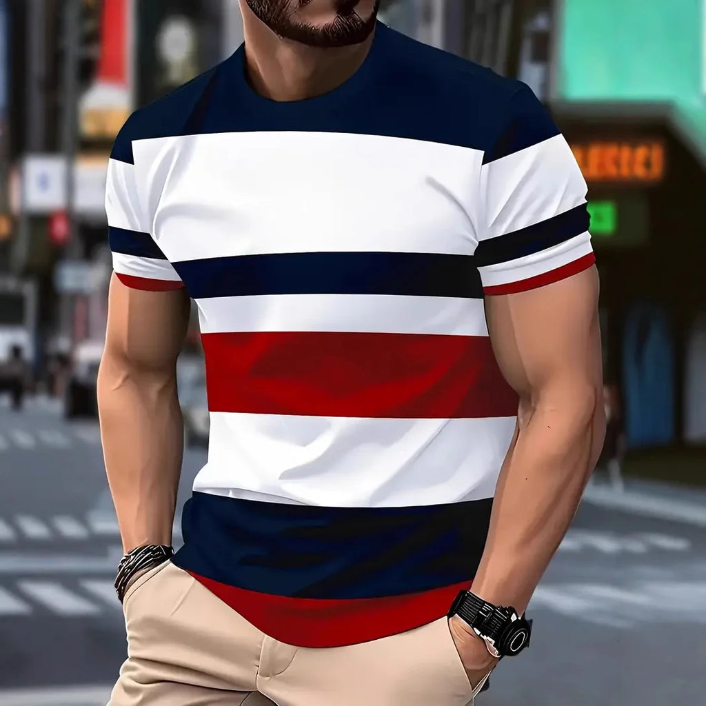 2025, Sommer Herrenmode, 3D-T-Shirt, Spleißen, bedruckt, Farbblockierung, lässig, schlank, kurzärmelig, Outdoor-Sport, Laufen, Fitness