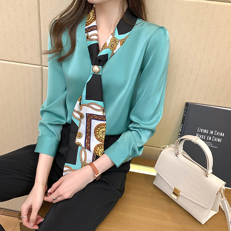 H Han Königin Frühling Chiffon Einfache Büro Dame Bluse Weibliches Hemd Bogen Tops Langarm Casual Koreanische OL Lose Blusen Frauen