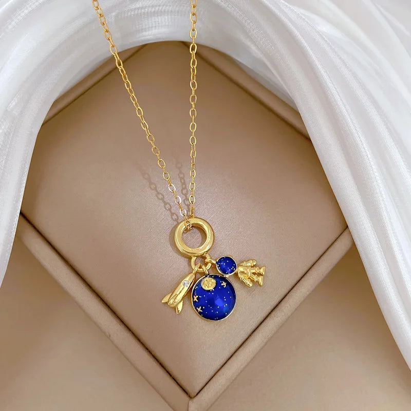 Licht Luxus Titan Stahl Stern Serie Halskette für Frauen Gold Farbe Planet Mond Astronaut Anhänger Halsketten Schmuck Geschenke