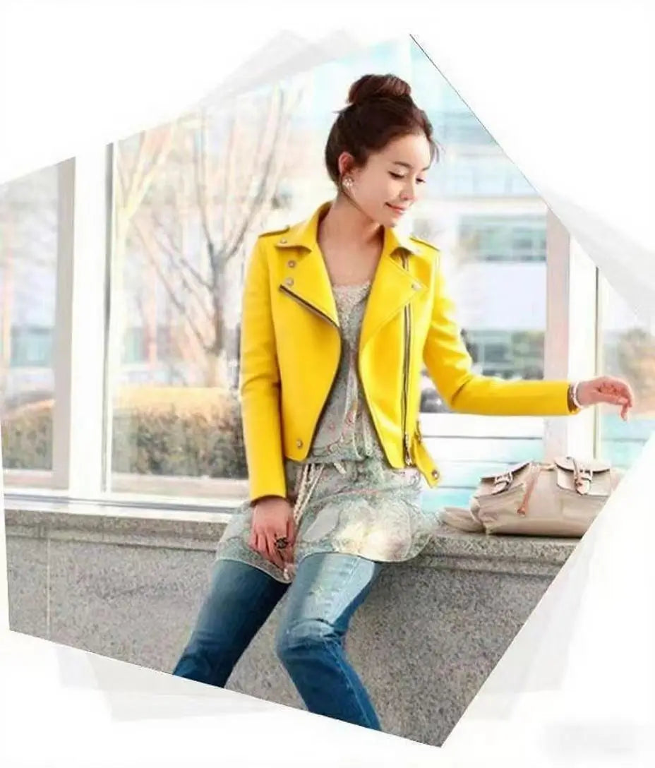 Fashionable Red PU Leather Jacket Women's Short Coat Stand Collar Spring Autumn Thin Style Artistic Retro Fit Sleeve Long