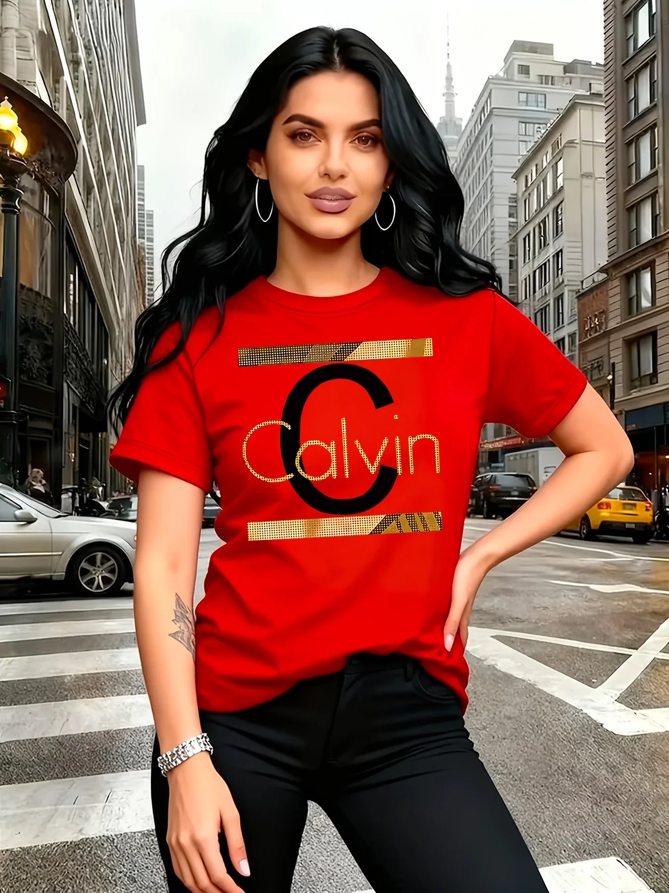 Calvin Buchstaben-Print Damen-T-Shirt - Goldgrafik Grünes Casual-Oberteil