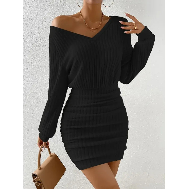 Frauen Herbst Winter Gestrickte Pullover Mini Kleid Weibliche Casual Solide Wrap V-ausschnitt Langarm Warme Bodycon Kurze Kleider Robe