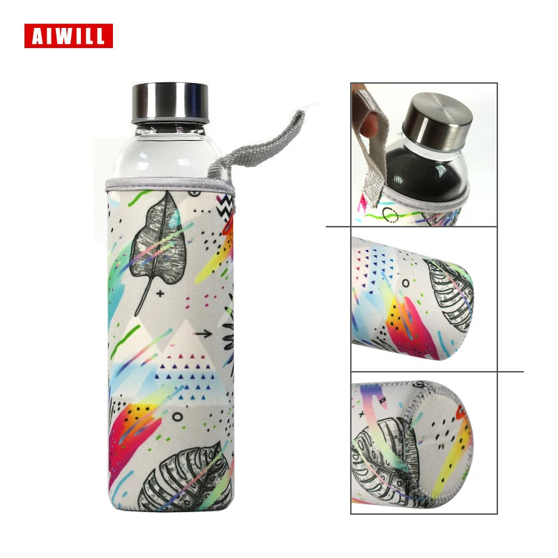 AIWILL Heißer Verkauf Glas Sport Wasser Flasche Mit Schutzhülle Tasche 280 ml/360 ml/550 ml Obst Outdoor fahrrad Flaschen Hohe Qualität