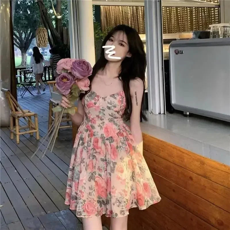 Elegantes, hoch tailliertes, schlankes, florales Tank kleid für Frauen im Frühling und Sommer im französischen Stil