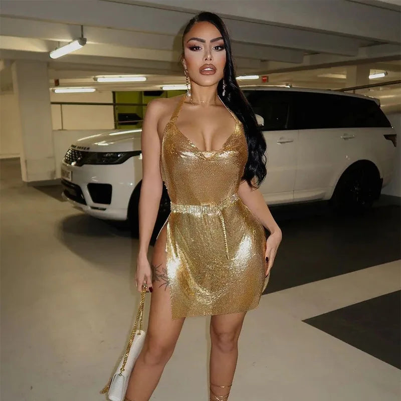 Sexy und modisches Damen-Kleid, elegant, kurz, mit hängendem Hals, rückenfrei, unten auf der Brust, Pailletten, Party-Mädchen-Tanzkleid
