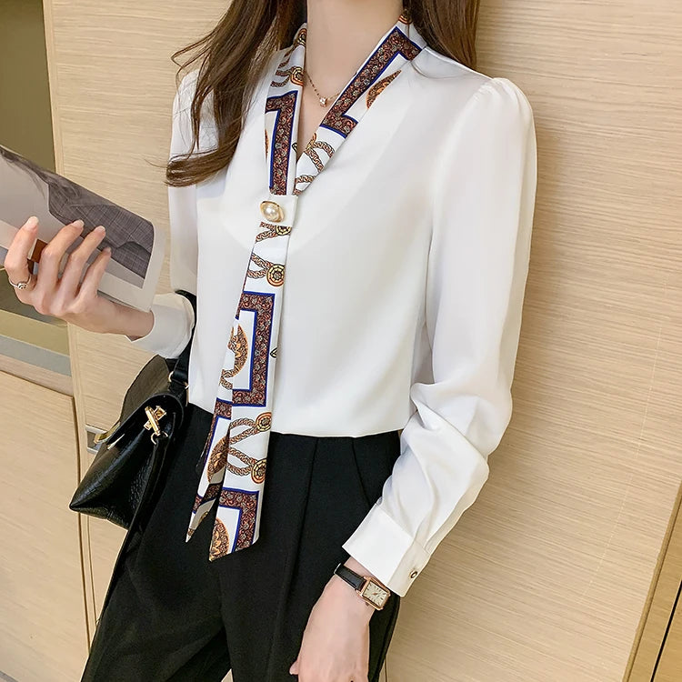 H Han Königin Frühling Chiffon Einfache Büro Dame Bluse Weibliches Hemd Bogen Tops Langarm Casual Koreanische OL Lose Blusen Frauen