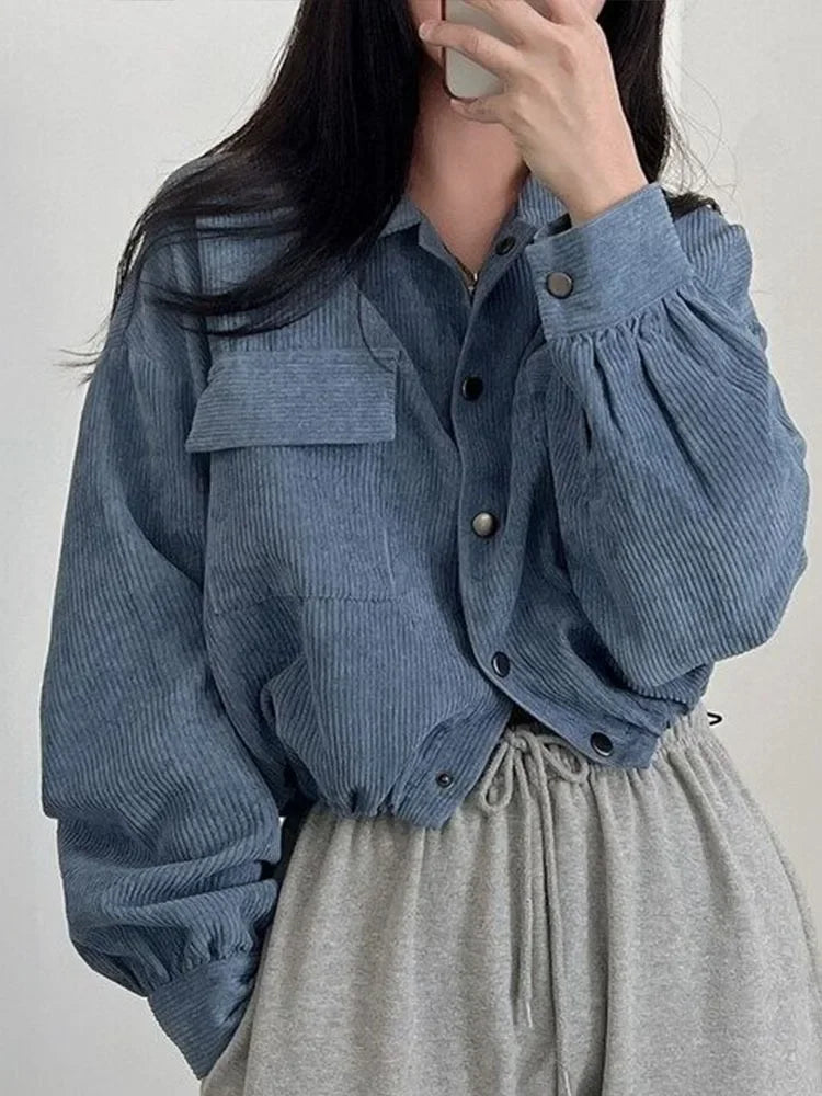 Frauen Vintage Cord Abgeschnitten Jacke Koreanische Mode Langarm Kordelzug Blusen Weibliche Lose Einreiher Mäntel Strickjacke