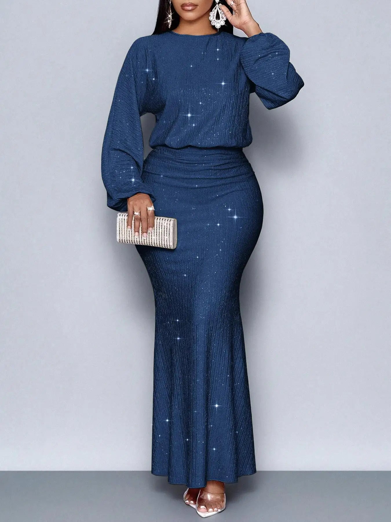 Elegantes, langärmliges Fischschwanzkleid mit Perlenverzierung und Falten für formelle Anlässe, Polyester-Lycra-Mischung, Sommer 2025,