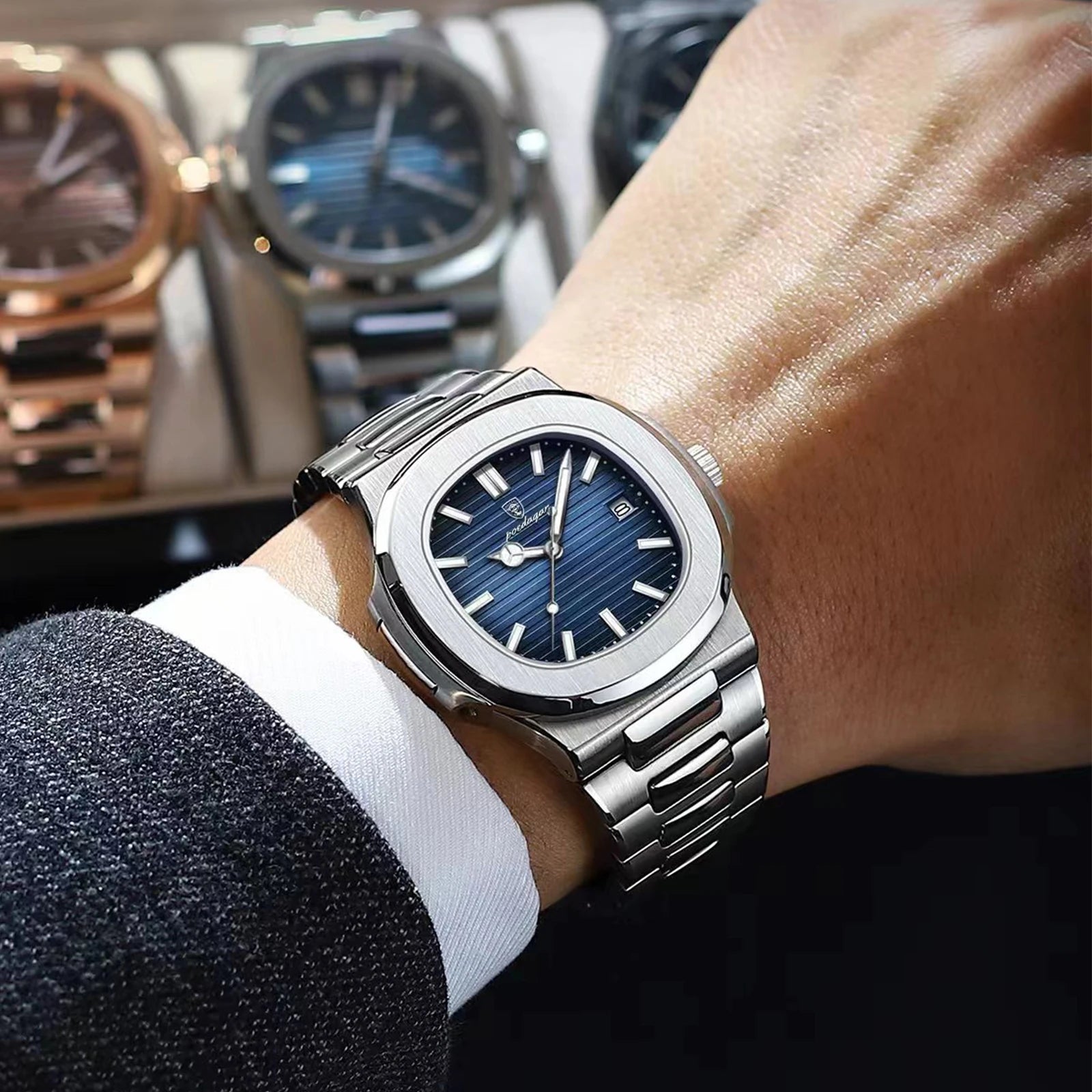 POEDAGAR Luxus Casual Uhr Top Marke Fashion Square Zifferblatt Edelstahl Kalender Leuchtende Wasserdichte Männer Uhr Männliche Uhr + Box