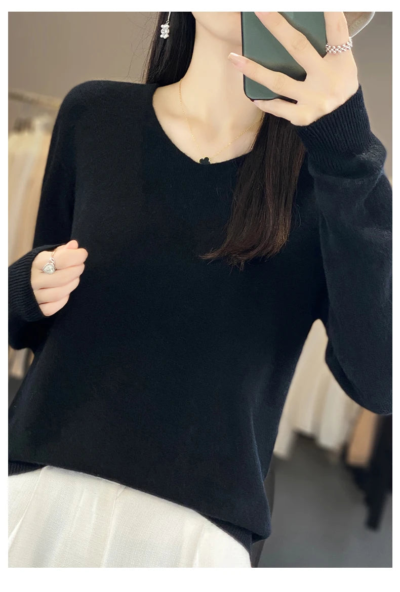Frauen 100% Merinowolle Pullover V-Ausschnitt Basic Pullover Herbst Winter Kaschmir Kleidung Langarm weiche Strickwaren Tops einfarbig