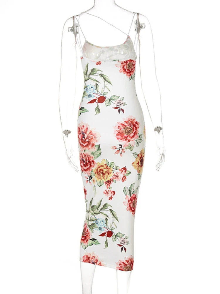 Vintage Floral Print Schlank Bodycon Maxi Kleid Frauen Ärmellose Spaghetti Strap Dünne Lange Kleid Elegante Club Party Vestidos