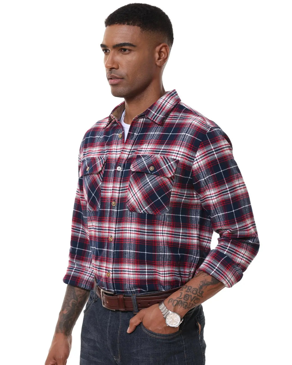 MAGCOMSEN Flanellhemden für Herren, langärmelig, Baumwolle, langärmelig, kariertes Hemd mit 2 Taschen, Knopfleiste, lässiges Cordhemd für Herren