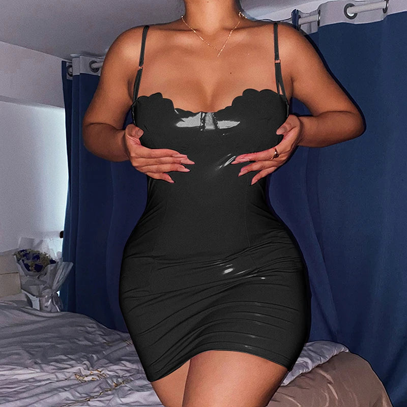 Sommer Sexy Kleider HEIßER Sommer Frauen Sexy Patent Leder Zipper Up Dünne Feste Kurze Mini Kleid Größe S M L