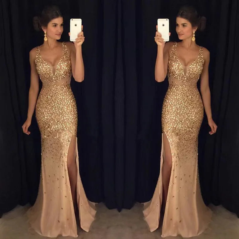 2023 neue Frauen Party Kleid Mesh Patchwork Pailletten Ärmel Split Saum Abendkleid Meerjungfrau Form Slim Fit Prom Bankett Kleid